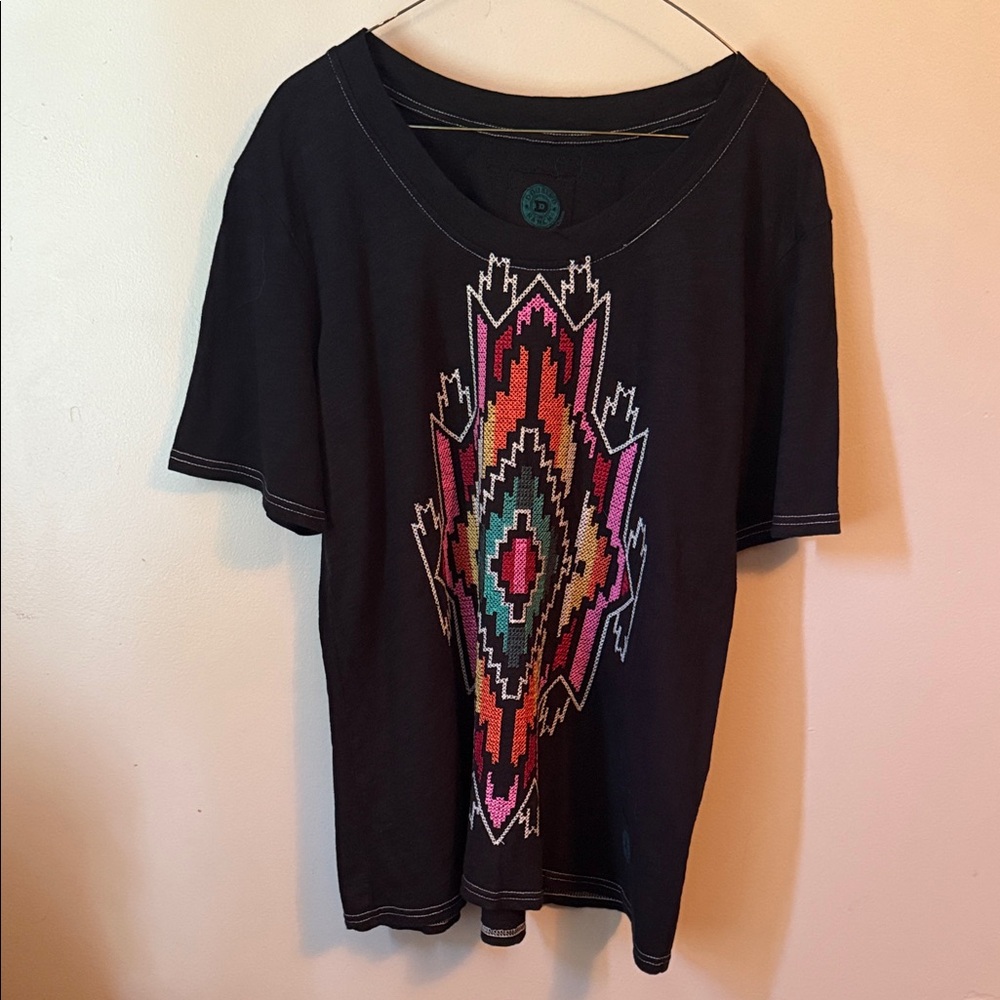 Double D Ranch Black Tee with Colorful Geometric Design